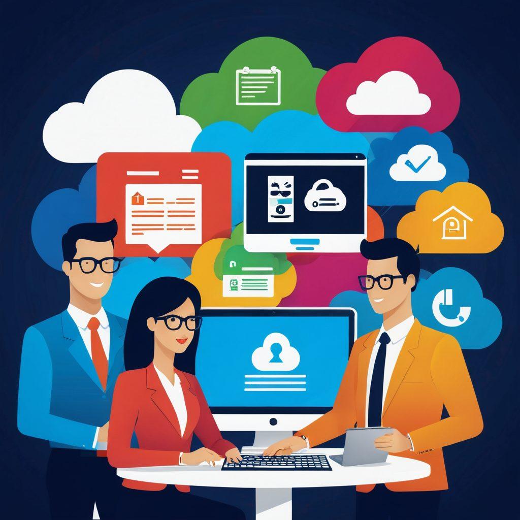 A dynamic office scene depicting a diverse team collaborating over laptop and fax machines, showcasing a blend of digital efficiency and traditional methods. Bright, cheerful colors convey a positive atmosphere, with subtle graphics of successful business statistics in the background. Include elements of security, such as a digital lock symbol, and symbols of connectivity, like cloud icons. business-themed. vibrant colors. modern vector art.