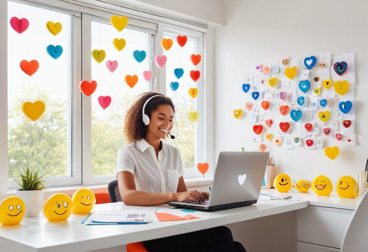 A serene office space with a person joyfully using an online fax service on a modern laptop, surrounded by floating icons representing communication and happiness like smiling faces and heart symbols. Bright, uplifting colors enhance the feeling of joy and efficiency, while a window shows a sunny day outside for a sense of positivity. super-realistic. vibrant colors. white background.