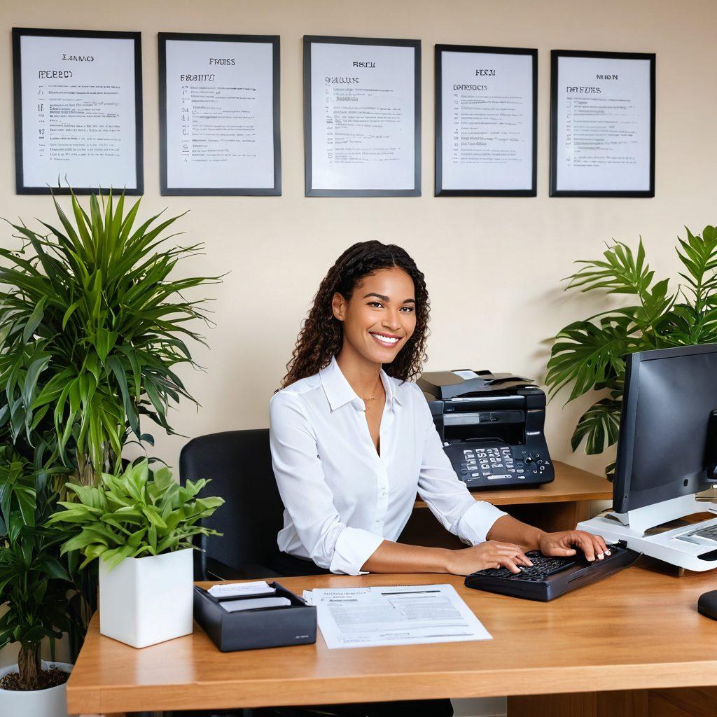 A serene office environment showcasing a person smiling while effortlessly sending a digital fax from a sleek computer, surrounded by vibrant plants and motivational success posters. Include subtle elements representing stress relief, like a zen garden and a calming color palette. super-realistic. vibrant colors. modern style.